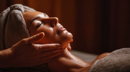 Wall Mural - a serene african american woman relaxes with a facial massage at a spa, her face illuminated by warm, soft lighting.