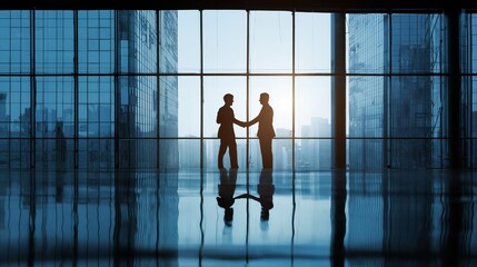 Wall Mural - a silhouetted handshake between two businesspeople is framed by a vast wall of windows overlooking a cityscape with a mirrored floor reflecting the scene.