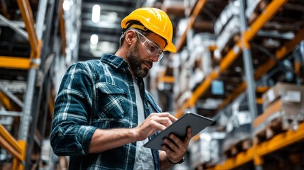 Wall Mural - a focused construction worker wearing safety gear checks data on a digital tablet while standing in a large warehouse filled with stacked metal beams.
