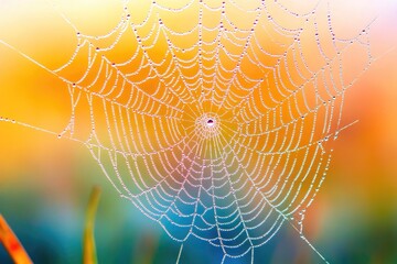 A spiderweb glistening with morning dew, intricate design against a vibrant, blurred background.