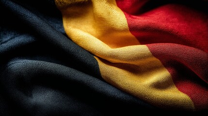 Wall Mural - a close-up view of the textured folds of the belgian flag displaying its vertical black, yellow, and red bands.