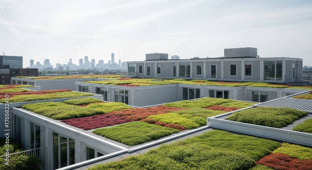 Rooftop garden architecture with green roof and city skyline Stock ...