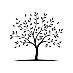 Abstract silhouette of a deciduous tree with falling leaves in black and white perfect for design