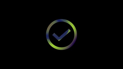 Blue neon vector icon of a check mark symbol in a glossy circle on a black background
