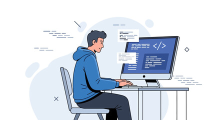 A Young Developer Coding with a Computer, Working on Digital Programs and Software