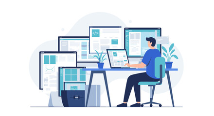 Remote work setup with multiple screens and minimalistic home office decor
