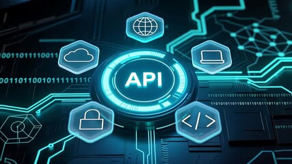 A glowing api circle surrounded by floating tech icons like cloud and cybersecurity in blue neon digital interface, application programming interface, api programming