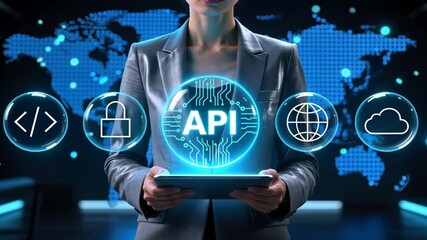 A businesswoman holding a tablet with glowing api circle and icons for ai, automation, robotics and cloud, application programming interface, api programming