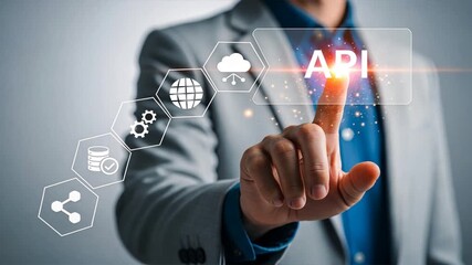 A businessman pressing on a glowing orange api interface with icons, database and team network, application programming interface, api programming