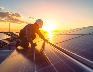 Solar Panel Installation at Sunset: Renewable Energy Technician at Work