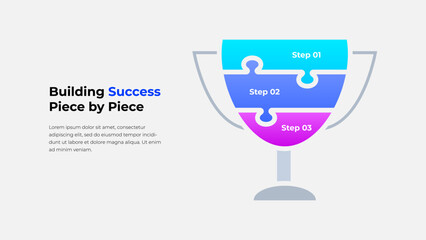 Illustration of a trophy puzzle diagram with steps labeled, symbolizing progressive achievement and success-building. Concept ideal for business goals, progress tracking, and motivational visuals
