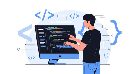Developer Focused On Coding Programming And Software Development Process Illustration