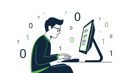 Developer Working On Computer with Binary Code Symbols Illustrating Programming Concepts