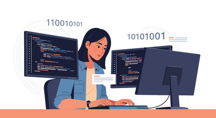Developer Working On Software Code On Modern Computer Displays With Binary Code Visuals
