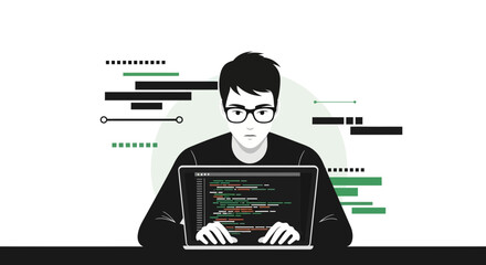 Developer Working on Digital Project, Using Laptop and Coding, Technology Concept