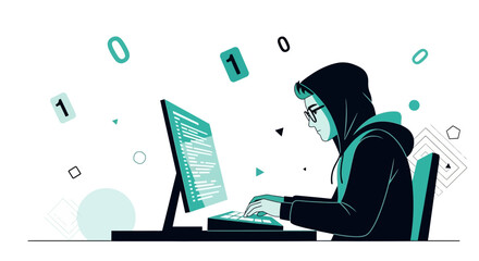 Digital Artisan Working On Code With Binary Elements And Stylish Modern Illustration