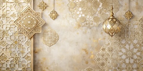 Wall Mural - elegant golden ornamental wall decor with hanging lantern and intricate geometric patterns