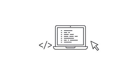Minimalist Line Art of Laptop Displaying Code with Cursor and Angle Brackets.