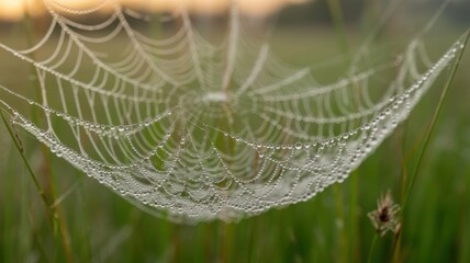 Delicate spiderweb adorned with sparkling morning dew drops glistening in soft golden sunrise light