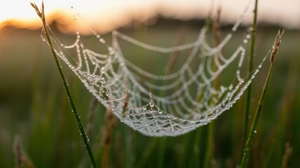 Delicate dew-kissed spiderweb glistens with morning light in a serene natural meadow