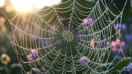 sunlight glares on dewy spider silk jewels