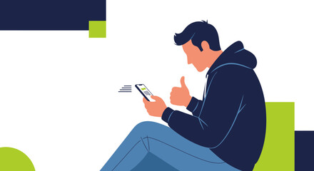 Excited Man Reacts Positively After Checking His Smartphone with Thumbs Up Illustration