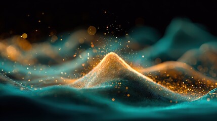 Abstract cosmic mountain peak illuminated by golden light amidst swirling teal nebula