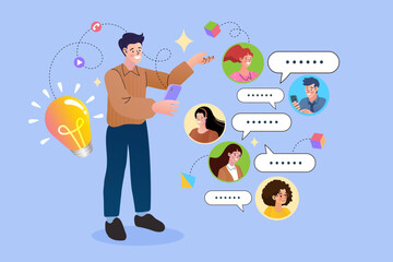Social media communication concept. A man uses a smartphone to share an idea and chat with a network of diverse people. Vector illustration of online community engagement, messaging, and networking.