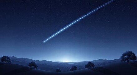 Wall Mural - A single, bright blue shooting star streaks across a clear, starry night sky over a serene, hilly landscape. A minimalist and peaceful celestial illustration.