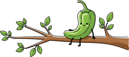 Cute green chili pepper cartoon sitting on tree branch with leaves