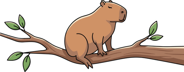Cartoon capybara sitting on tree branch with leaves