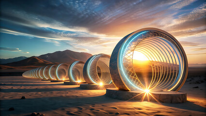 Wall Mural - Illustrated glowing renewable desert spirals reflecting futuristic solar eco power technology  