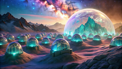 Wall Mural - Illustration of surreal glowing mountain domes filled with futuristic eco technology