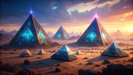 Wall Mural - Illustration of surreal glowing renewable pyramid futuristic sustainable architecture