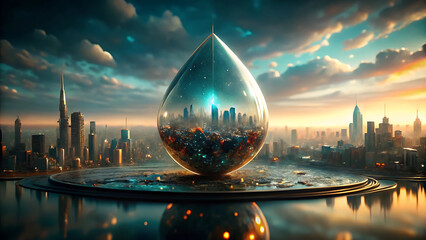 Wall Mural - Surreal crystal water droplet magnifying a city skyline futuristic vision