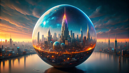 Wall Mural - Surreal glowing cityscape reflected in crystal droplet futuristic urban design