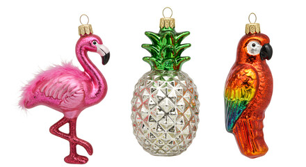 Colorful tropical Christmas ornaments including a flamingo, pineapple, and parrot on white background, perfect for summer and holiday decoration