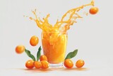 Orange juice splash from glass, surrounded by kumquats