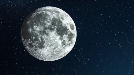 Full Detailed Moon surface. Natural satellite with craters in Space and stars