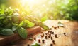 © Robiul Haque - Fresh Herbs and Peppercorns on Rustic Wooden Board in Sunlight. Generative With Ai