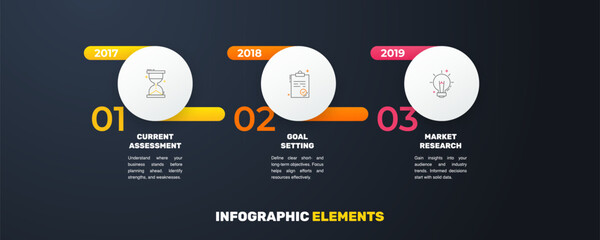 Modern and simple flat vector illustration. Infographic template with three circles, elements, sectors and percentages. Designed for business, presentations, web design, interface 3 step diagrams