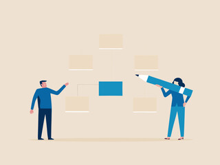 Business team collaborating to build and design a new organizational chart or flowchart on a plain background