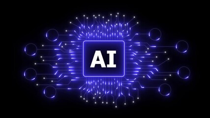 Glowing ai circuit board with pulsing lights on black background artificial intelligence. Technology powers innovation, machine learning, and smart processing. AI drives intelligent circuit.