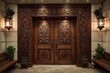 © Oleh - Intricately carved wooden double doors, framed by ornate detailing and flanked by lanterns, create a grand and elegant entrance to a luxurious residence