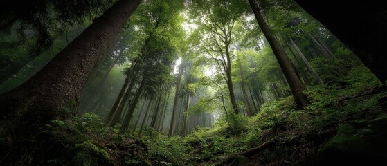 Wall Mural - Lush Green Forest Canopy with Sunlight Streaming Through the Trees, Creating a Serene Atmosphere