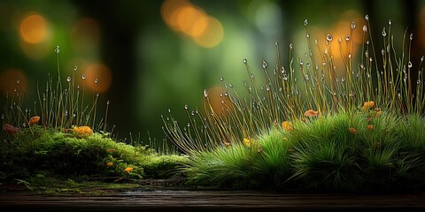 Wall Mural - Lush Green Grass and Moss with Bokeh Background for Nature, Environment, and Springtime Themes