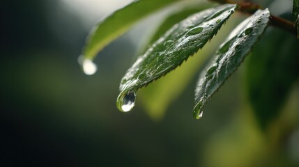 Wall Mural - Fresh Green Leaves with Water Droplets Sparkling in Sunlight, Revealing Nature's Renewal and Purity