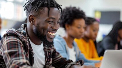 Close-up, eye-level shot of a smiling student in a classroom setting, focused on a laptop. Ideal for educational video content. Live desktop wallpaper.