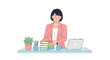 © Komang - Smiling professional woman in a pink blazer stacking books on her office desk with a laptop.