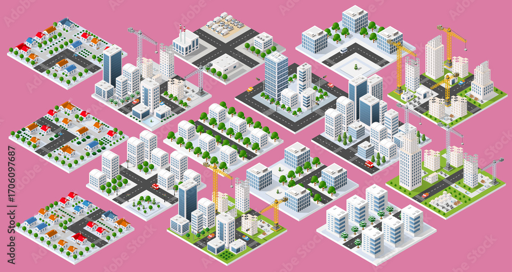 Set of isometric city with snowy streets and buildings under ...